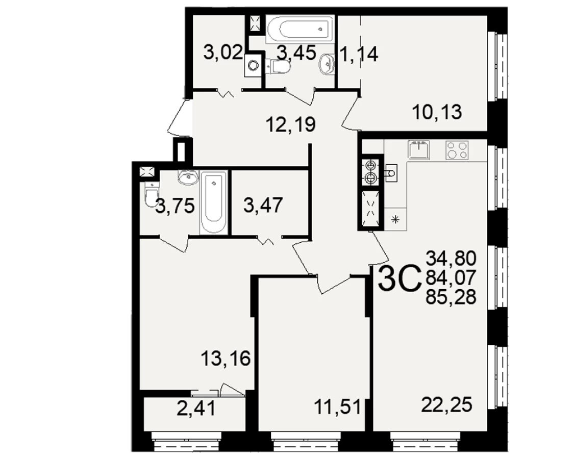 Трехкомнатная квартира площадью 85.28м2